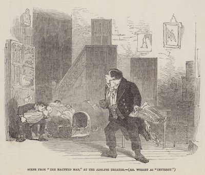 Jelenet az Adelphi Színház "A kísérteties ember" című előadásából, Mr Wright mint "Tetterby" (metszet) alkotó: English School