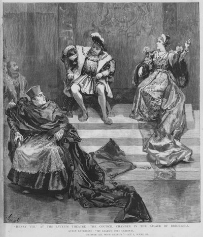 Jelenet Shakespeare VIII. Henrik című előadásából a londoni Lyceum Theatre-ben (litho) alkotó: English School