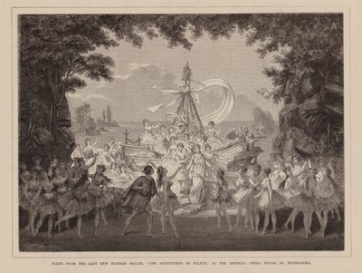 Jelenet az utolsó új orosz balettből, "Peleus kalandjai", a szentpétervári Császári Operaházban (metszet) alkotó: English School