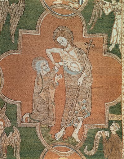 Jelenet Krisztus életéből, részlet a Syon Cope-ból, 1300-20 (fémszálakkal és selyemmel hímzett lenvászon) alkotó: English School