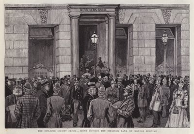 Jelenet a londoni Birkbeck Bankon kívül, az 1892-es ingatlanpiaci válság idején (litho) alkotó: English School