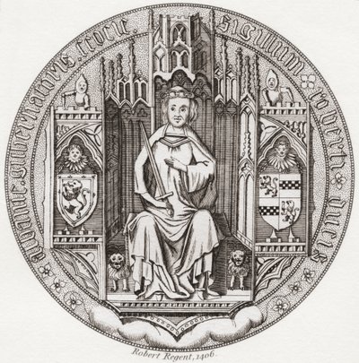 Robert Stewart, Albany hercegének pecsétje, c. 1340 1420. A skót királyi ház tagja, régens, Skócia kormányzója, Albany hercege, Fife és Menteith grófja. Az 1797-ben megjelent Iconographia Scotica vagy Skócia jeles személyeinek portréiból. alkotó: English School