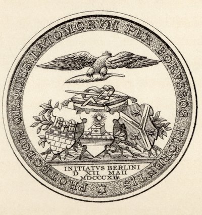 Berlin szabadkőműveseinek pecsétje, 1812, „The History of Freemasonry, III. kötet”, Thomas C. Jack, London, 1883 alkotó: English School