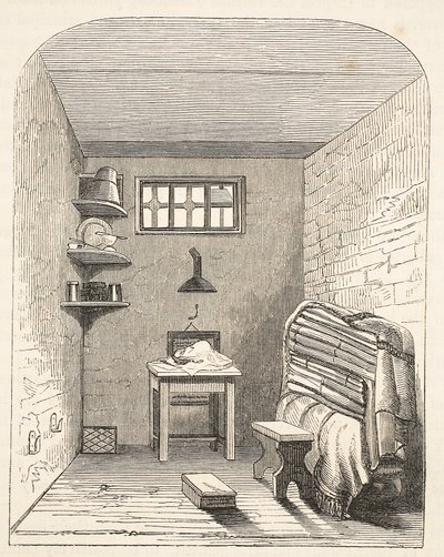 Külön cella a brixtoni börtön régi részében, illusztráció a londoni bűnügyi börtönökből és Henry Mayhew és John Binny jelenetei a börtönéletből, kocsma. 1862 alkotó: English School