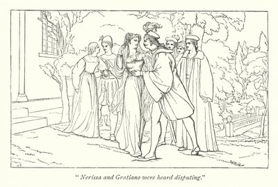Shakespeare: Velence kereskedője; Portia felfedezi magát, mint a jogászok tettetett doktora (metszet) alkotó: English School
