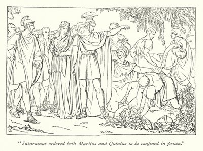 Shakespeare Titus Andronicusa; Martiust és Quintust letartóztatták Bassianus meggyilkolása miatt (metszet) alkotó: English School