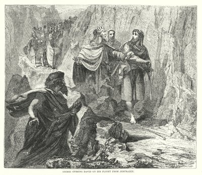 Simei átkozta Dávidot a jeruzsálemi repülés közben (metszet) alkotó: English School