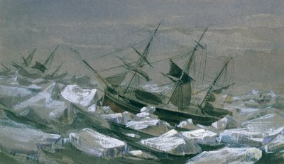 James Clark Ross szállítmánya az „Erebus” és a „Terror” hajókkal a déli mágneses pólus keresésében (olaj, vászon) alkotó: English School
