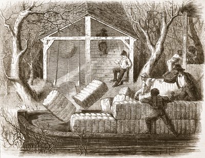 Cottin-bálák lövöldözése a Magnolia folyami gőzhajó elülső részébe, illusztráció a The Illustrated London Newsból, 1861 alkotó: English School