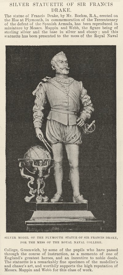 Sir Francis Drake plymouthi szobrának ezüstmodellje, a Royal Naval College rendetlenségéhez (metszet) alkotó: English School