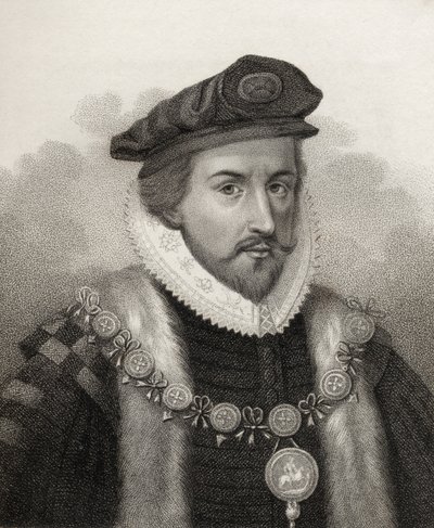 Sir Christopher Hatton, Bocquet metszete, illusztráció a „Királyi és nemes szerzők katalógusának II. kötetéből”, 1806-ban megjelent alkotó: English School