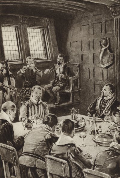 Sir Francis Drake, a The Golden Hindben vacsorázik hegedűk hangján alkotó: English School