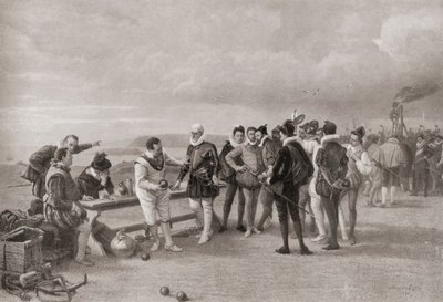 Sir Francis Drake tálat játszik, a spanyol Armadával az angliai Plymouth Hoe-ban 1588-ban. alkotó: English School