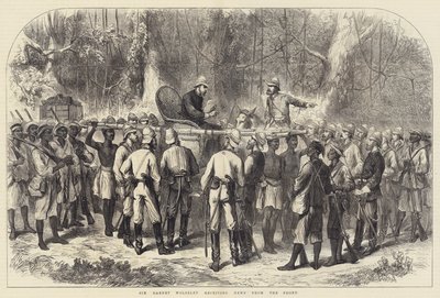 Sir Garnet Wolseley híreket kap a frontról (metszet) alkotó: English School