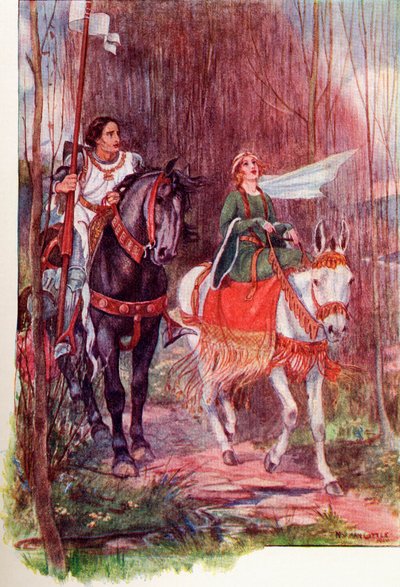 Sir Lancelot and Queen Guinevere. Coloured illustration from the book The Gateway to Tennyson published 1910. alkotó: English School