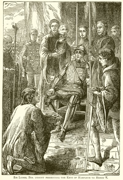 Sir Lionel Bra Uemont bemutatja Harfleur kulcsait Henry V.-nek alkotó: English School