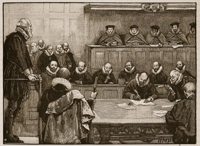 Sir Walter Raleigh a bírák előtt, illusztráció a Cassells Illustrated History of Englandből (szépia fotó) alkotó: English School