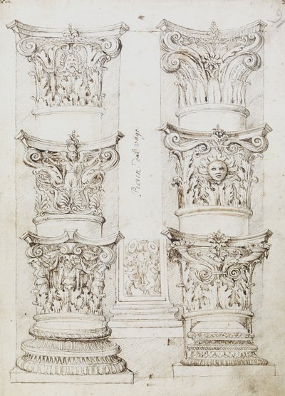 Six Capitals, egy Lesene és Two Column Bases, Folio 1, The Master of the Oxford Album, 1512–1517 körül (toll és sötétbarna tinta) alkotó: English School