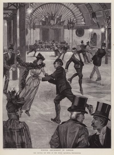 Korcsolyázás a Crystal jégpályán a Royal Aquariumban, Westminster, London (litho) alkotó: English School