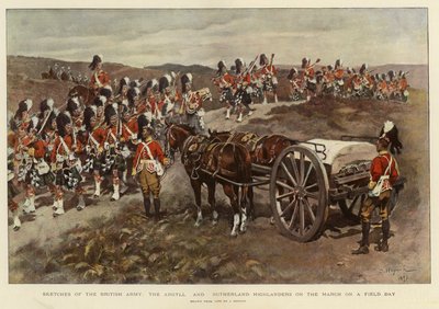 Vázlatok a brit hadseregről, az Argyll és Sutherland Highlanders meneteléséről egy terepnapon (színes litográfia) alkotó: English School