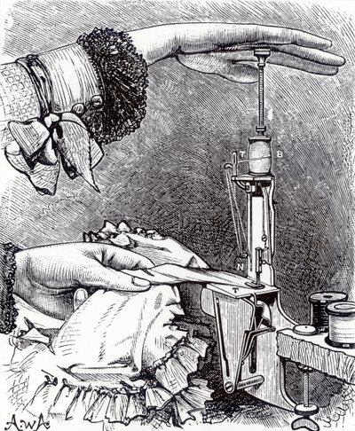 Kis zártöltésű varrógép, nyolc hüvelyk hosszú, 8 uncia súlyú, a Cassells Family Magazine-tól, 1886-ban alkotó: English School