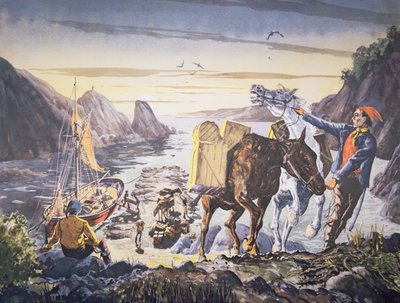 Csempészek, akik csempészt raknak pónikra a szárazföldi utazáshoz (litho) alkotó: English School