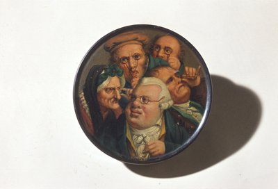 Kézzel festett tubákdoboz különféle szemüvegek jelenetével, 19. század eleje (papírmasé) alkotó: English School