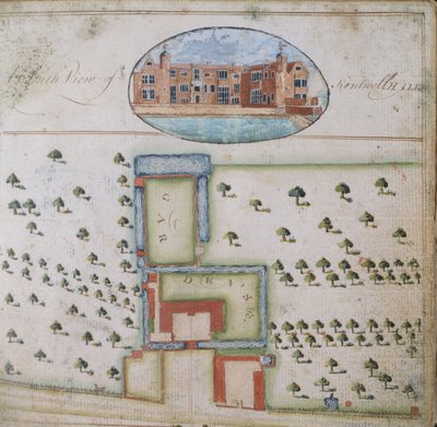 A Kentwell Hall déli nézete, Richard Moore birtokának felmérése, Esq. Kentwell Hall, Suffolk, 1777 (toll, tinta és gouache papíron) alkotó: English School