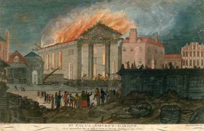 St Pauls Church, Covent Garden, London, ahogy az 1795. szeptember 17-én este 8 órakor lángokban állt. alkotó: English School