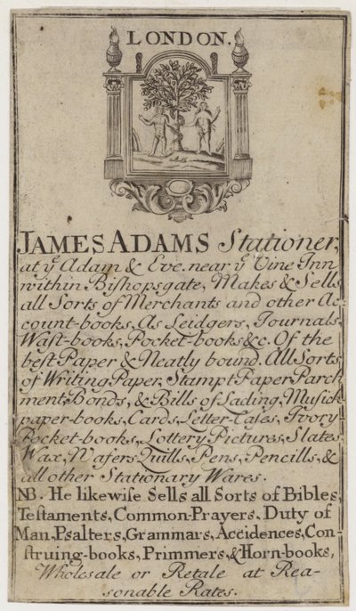 Írószerek, James Adams, kereskedelmi kártya alkotó: English School