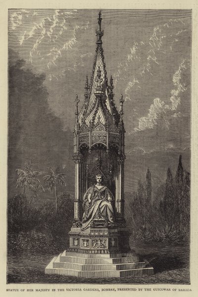 Őfelsége szobra a Bombay-i Victoria Gardensben, a Guicowar of Baroda bemutatása (metszet) alkotó: English School