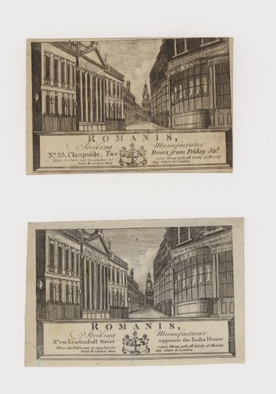 Harisnyagyártók, Romanis, a Cheapside-nál, majd a Leadenhall Streetnél, kereskedelmi kártya alkotó: English School