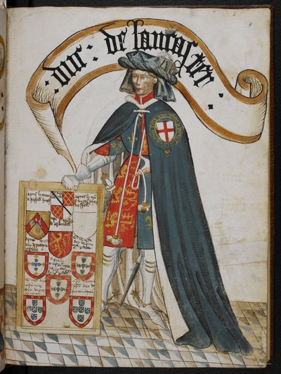 Stowe 594 f.8, Henrik portréja, Lancaster hercege, a Harisnyakötő Rend lovagja, illusztráció a „William Bruges