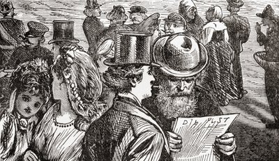 Utcai jelenet a 19. századi Berlinben, Németországban, Ward és Lock 1882 körül megjelent illusztrált világtörténetéből. alkotó: English School