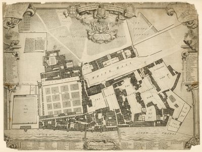 A Whitehall királyi palota felmérése és földterülete, 1680, az őfelségeihez tartozó szállásokkal és apartmanokkal alkotó: English School