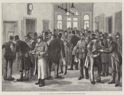 Taxiengedélyek kiadása a Fővárosi Rendőrségnél, Scotland-Yard (metszet) alkotó: English School