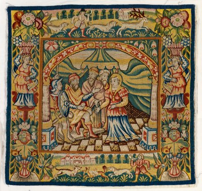 Gobelin párnahuzat, amely Susannah-t ábrázolja a bíró előtt (az egyik a hat Sheldon Tapestries készletből, 47,9–47,14), készült az angliai Sheldonban, ha eredeti alkotó: English School