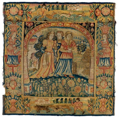 Gobelin párnahuzat, amely Susannah-t ábrázolja a fürdőbe menet, az angliai Sheldonban készült, 1600 után (gyapjú) alkotó: English School