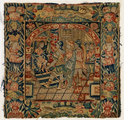 Gobelin párnahuzat, amely az öregeket Daniel előtt ábrázolja, az angliai Sheldonban készült, 1600 után (gyapjú) alkotó: English School