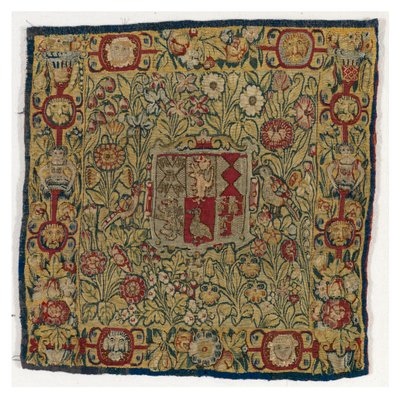 Gobelin párnahuzat, amely Sacheverell fegyvereit ábrázolja, az angliai Sheldonban készült, 1600 után (gyapjú és selyem) alkotó: English School