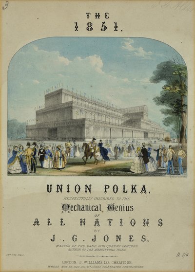 Az 1851-es Union Polka. J.G Jones, a 16. Queens Lancers zenekar mestere tisztelettel felírta a Minden Nemzetek Mechanikus Zsenijére alkotó: English School