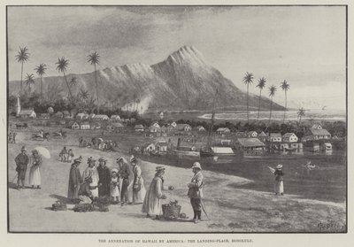 Hawaii annektálása Amerika által, a leszállóhely, Honolulu (metszet) alkotó: English School