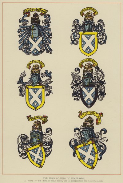 Haig of Bemersyde fegyverei, ahogyan a ház feje viselte, és a különböző kadétok között (színes litho) alkotó: English School