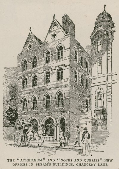Az Athenaeum és a Notes and Queries új irodái a londoni Breams Buildings-ben, a Chancery Lane-ben alkotó: English School