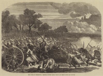 A weissenburgi csata, harc a német csapatok és a francia turcos és zouaves között (metszet) alkotó: English School