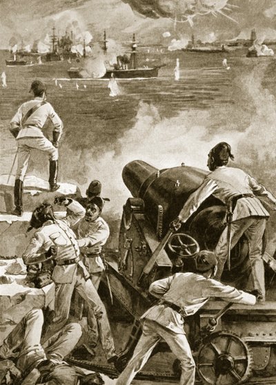 A brit flotta 1882. július 11-én bombázza Alexandria kikötőit alkotó: English School