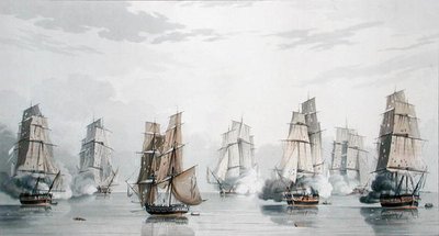 A Charles Marsh Schomberg kapitány parancsnoksága alatt álló brit század és a Roquebert parancsnok parancsnoksága alatt álló francia század, röviddel a Madagaszkár melletti akció megkezdése után, 1811. május 20-án (színes litó) alkotó: English School