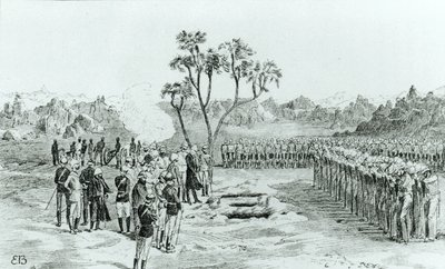 Earle tábornok, valamint Eyre és Coveney ezredesek temetése Kirbekanban, William Francis Butler tábornok A szürkehályog-hadjáratából, 1887-ben. alkotó: English School