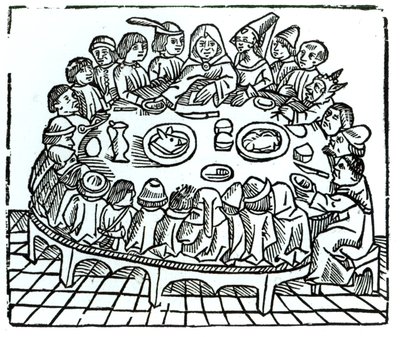 A Canterbury-i zarándokok közös étkezésre ülve, illusztráció Geoffrey Chaucer (1345-1400 körül) „Canterbury meséiből”, Wynkyn de Worde, 1485 körül alkotó: English School