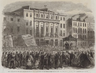Sir John Arnott elnöksége Corkban hároméves polgármesteri hivatalának befejezésekor, a kereskedelmi épületek mellett elhaladó menet (metszet) alkotó: English School